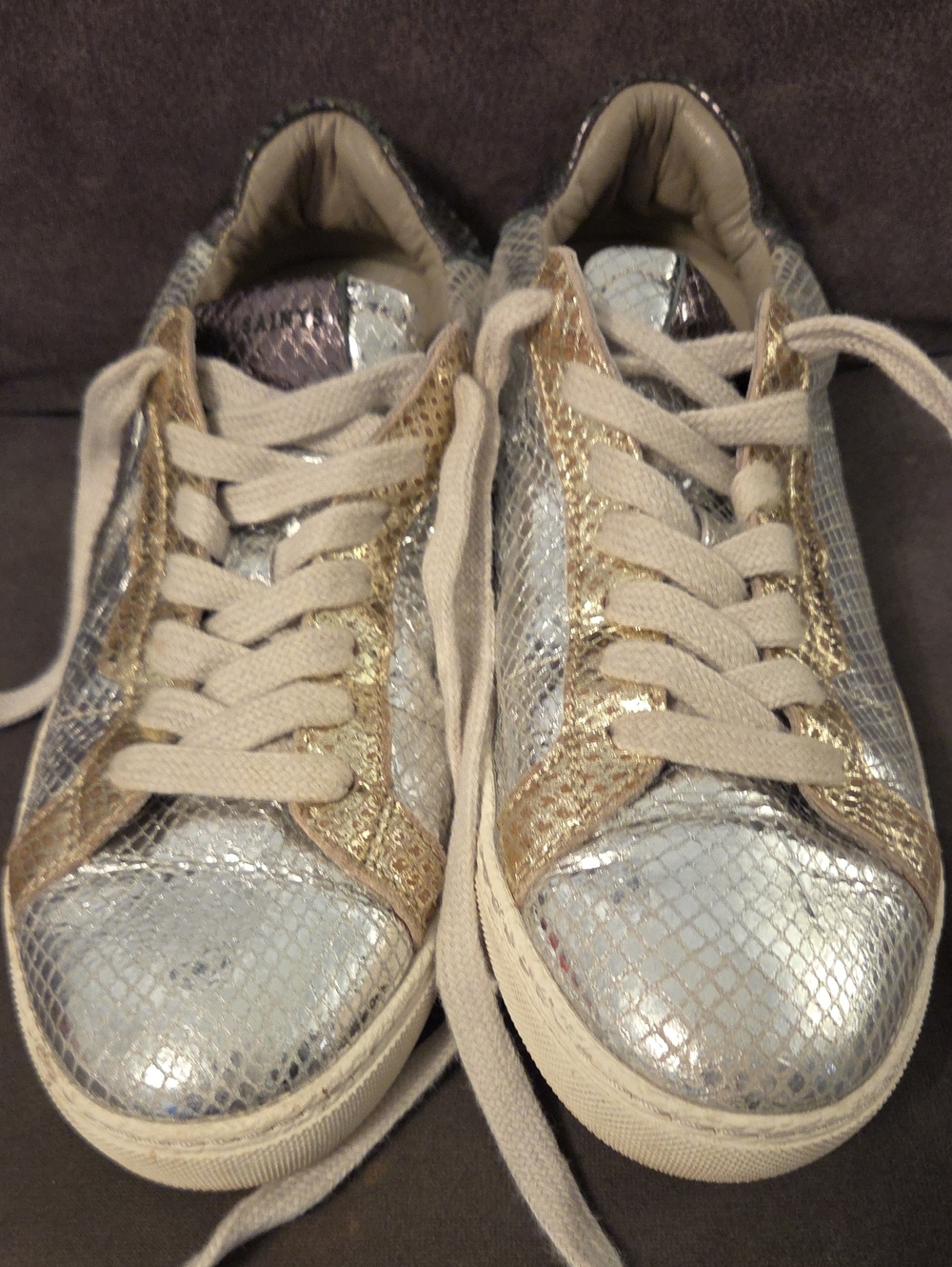All Saints Metallic Silver and Gold Snake-Embossed Lace-Up Sneakers - Picture 2 of 8